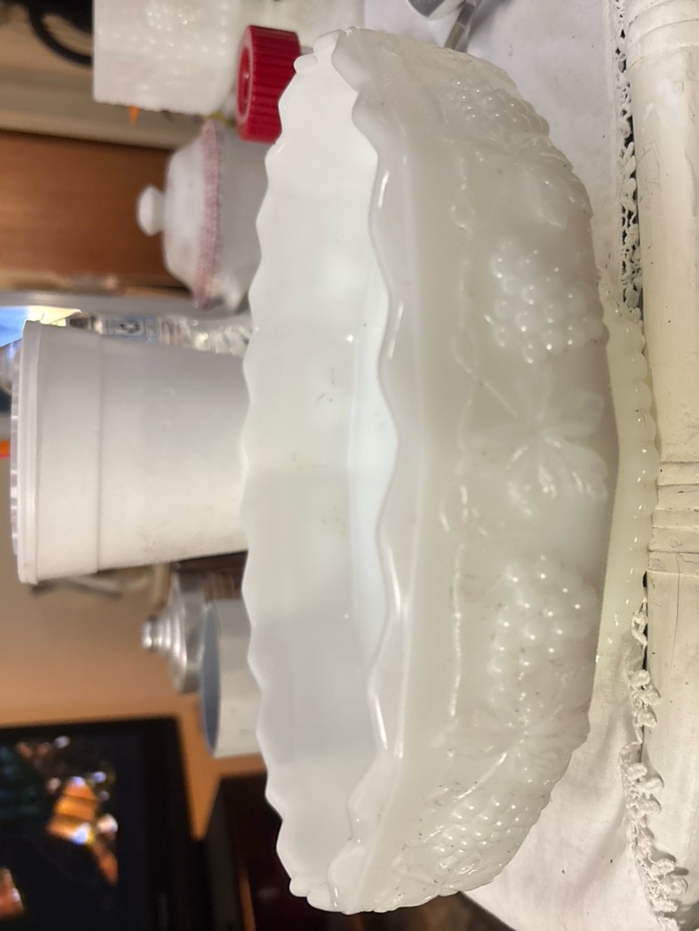 Anchor Hocking White Milk Glass Scalloped Serving Bowl with Grape Motif